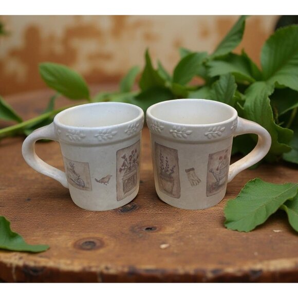 2 Summer Fields Sonoma Ceramic Mugs Rustic Botanical & Bird Motif Design - Picture 1 of 8